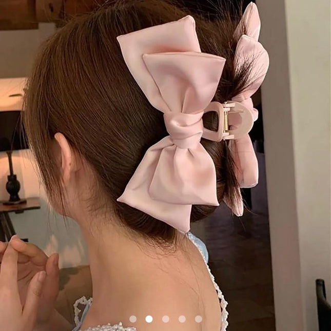 Pink Satin Bow Hair Clip for Women | Large Layered Bowknot Hair Clutcher (VT-69)