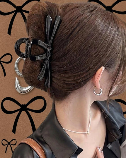 Black Bow Hair Claw Clip for Women | Glossy Acrylic Bowknot Hair Clutcher (VT-71)