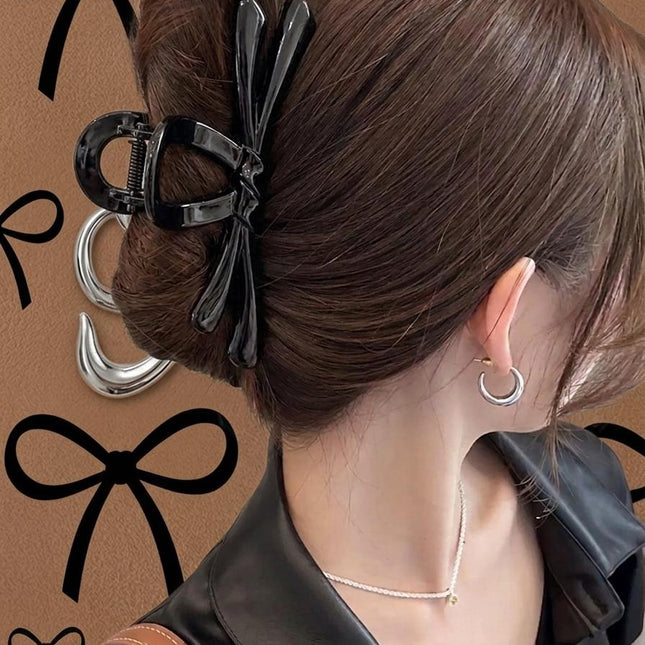 Black Bow Hair Claw Clip for Women | Glossy Acrylic Bowknot Hair Clutcher (VT-71)