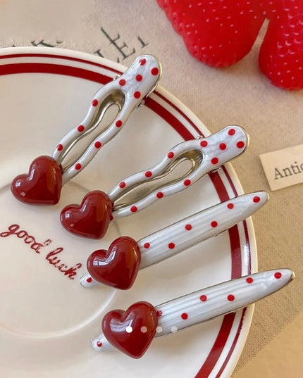 Polka Dot Heart Hair Clip Set of 4 | Red & White Cute Snap Hair Pins for Women & Girls (VT-73)