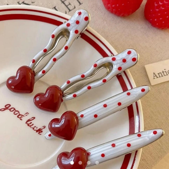 Polka Dot Heart Hair Clip Set of 4 | Red & White Cute Snap Hair Pins for Women & Girls (VT-73)