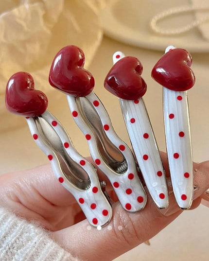 Polka Dot Heart Hair Clip Set of 4 | Red & White Cute Snap Hair Pins for Women & Girls (VT-73)