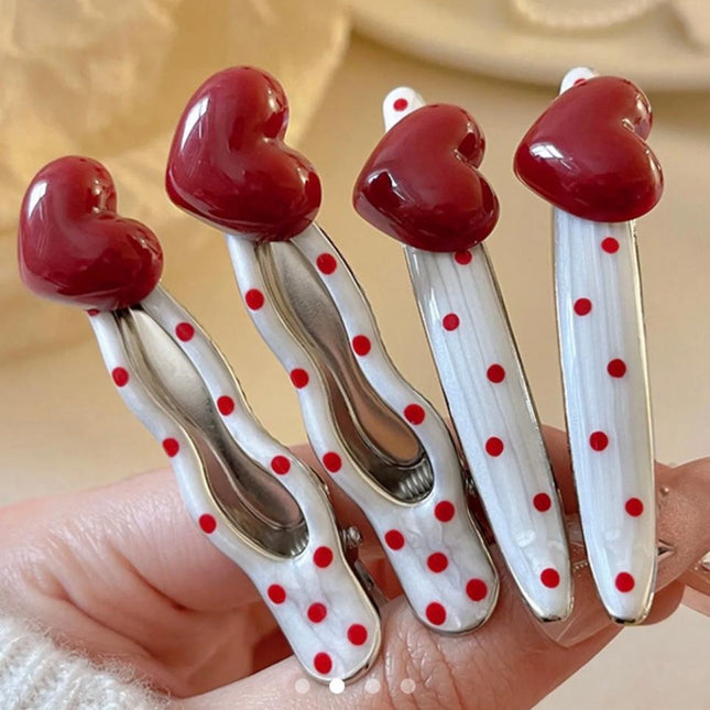 Polka Dot Heart Hair Clip Set of 4 | Red & White Cute Snap Hair Pins for Women & Girls (VT-73)