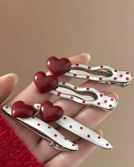 Polka Dot Heart Hair Clip Set of 4 | Red & White Cute Snap Hair Pins for Women & Girls (VT-73)