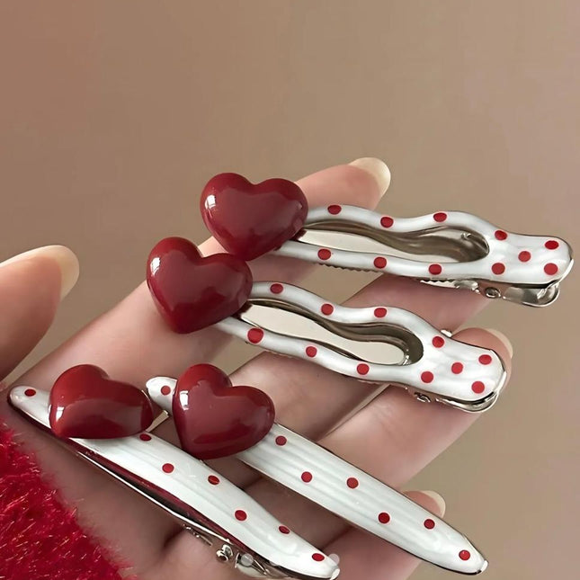 Polka Dot Heart Hair Clip Set of 4 | Red & White Cute Snap Hair Pins for Women & Girls (VT-73)
