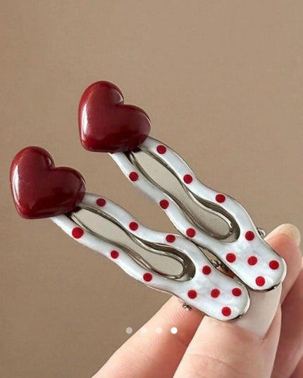 Polka Dot Heart Hair Clip Set of 4 | Red & White Cute Snap Hair Pins for Women & Girls (VT-73)