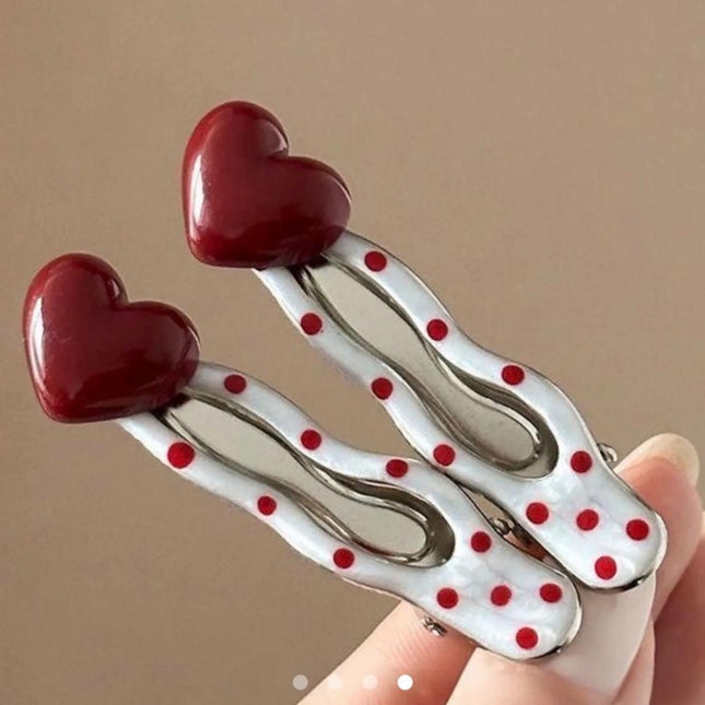 Polka Dot Heart Hair Clip Set of 4 | Red & White Cute Snap Hair Pins for Women & Girls (VT-73)