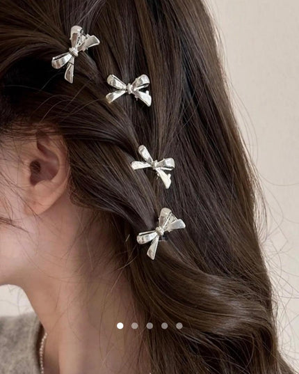 Mini Silver Bow Hair Clips Set of 10 | Tiny Bowknot Hair Pins for Braids & Plaits (VT-74)