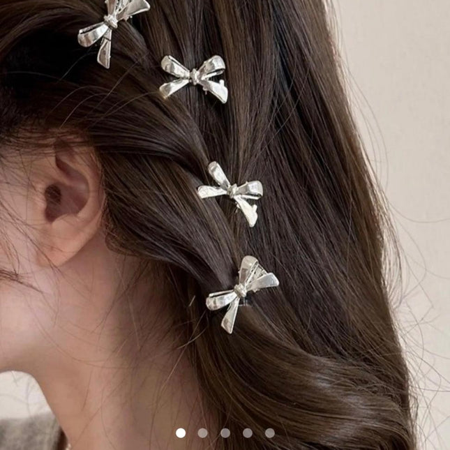 Mini Silver Bow Hair Clips Set of 10 | Tiny Bowknot Hair Pins for Braids & Plaits (VT-74)