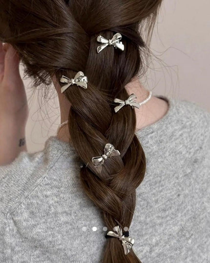 Mini Silver Bow Hair Clips Set of 10 | Tiny Bowknot Hair Pins for Braids & Plaits (VT-74)