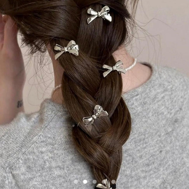 Mini Silver Bow Hair Clips Set of 10 | Tiny Bowknot Hair Pins for Braids & Plaits (VT-74)