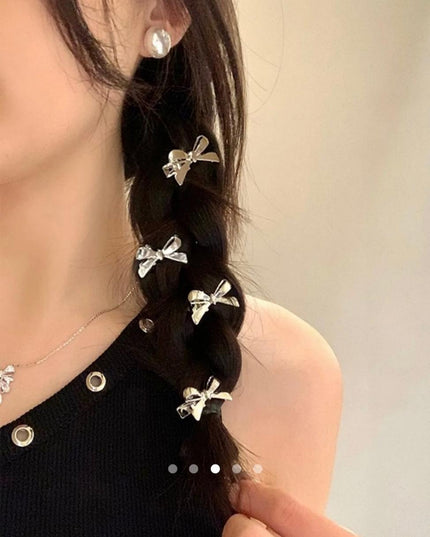 Mini Silver Bow Hair Clips Set of 10 | Tiny Bowknot Hair Pins for Braids & Plaits (VT-74)