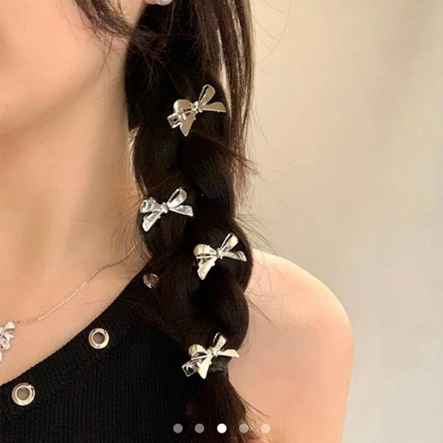 Mini Silver Bow Hair Clips Set of 10 | Tiny Bowknot Hair Pins for Braids & Plaits (VT-74)