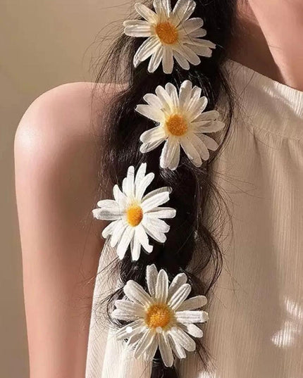 Daisy Flower Hair Clips Set of 4 | White Fabric Daisy Snap Clips for Braids & Plaits (VT-75)