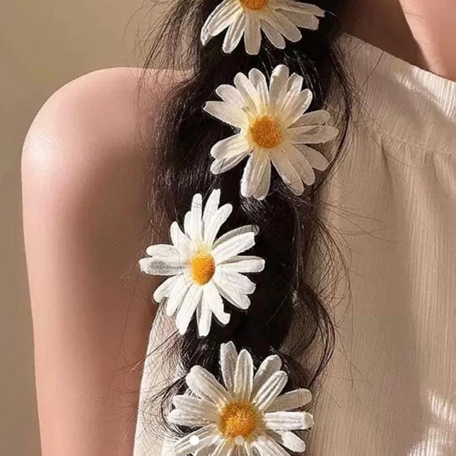 Daisy Flower Hair Clips Set of 4 | White Fabric Daisy Snap Clips for Braids & Plaits (VT-75)