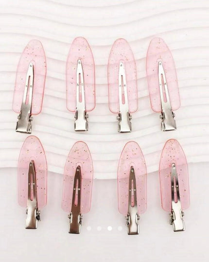 Pink Glitter Snap Hair Clips Set of 8 | No-Crease Styling Clips for Women & Girls (VT-78)