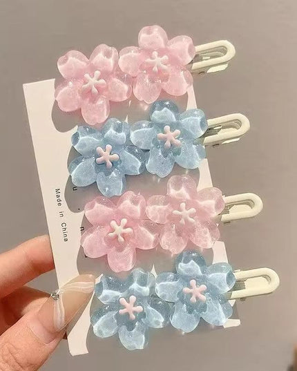 Cherry Blossom Flower Hair Clips Set | Pink & Blue Glitter Sakura Snap Clips for Girls & Women (VT-80)