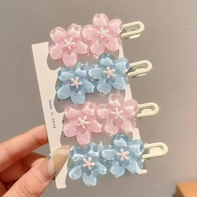 Cherry Blossom Flower Hair Clips Set | Pink & Blue Glitter Sakura Snap Clips for Girls & Women (VT-80)