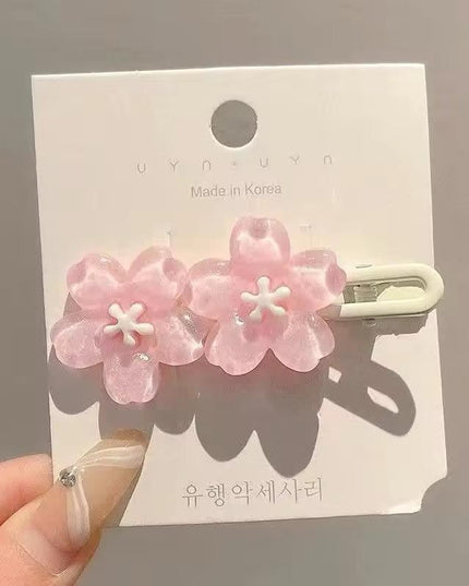 Cherry Blossom Flower Hair Clips Set | Pink & Blue Glitter Sakura Snap Clips for Girls & Women (VT-80)