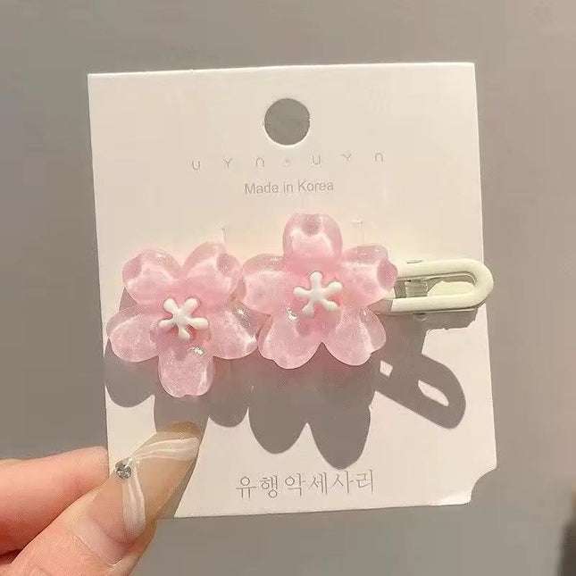 Cherry Blossom Flower Hair Clips Set | Pink & Blue Glitter Sakura Snap Clips for Girls & Women (VT-80)