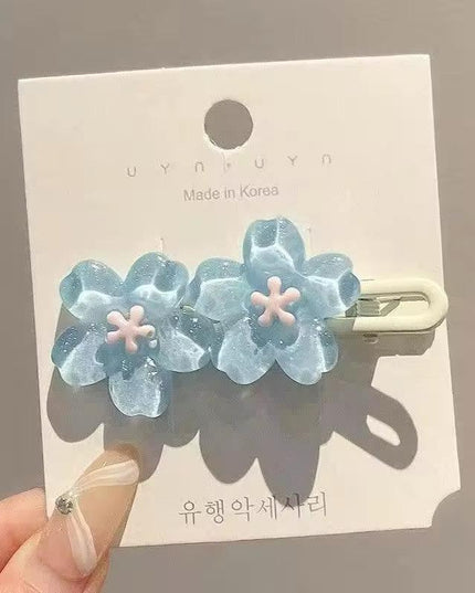 Cherry Blossom Flower Hair Clips Set | Pink & Blue Glitter Sakura Snap Clips for Girls & Women (VT-80)