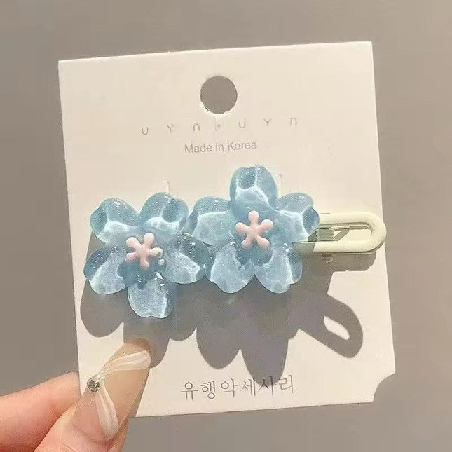 Cherry Blossom Flower Hair Clips Set | Pink & Blue Glitter Sakura Snap Clips for Girls & Women (VT-80)