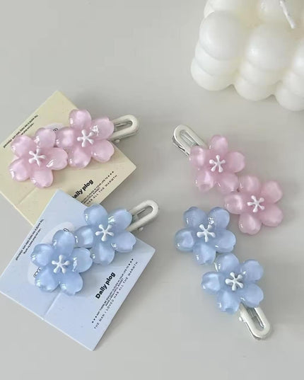 Cherry Blossom Flower Hair Clips Set | Pink & Blue Glitter Sakura Snap Clips for Girls & Women (VT-80)