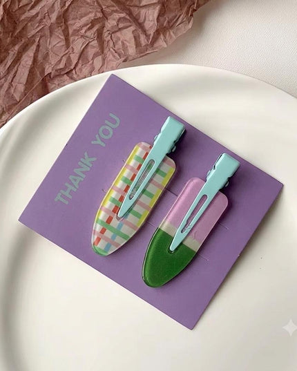 Pastel Print Snap Hair Clips Set of 2 | Plaid & Color-Block No-Crease Hair Pins for Women (VT-81)