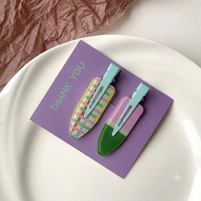 Pastel Print Snap Hair Clips Set of 2 | Plaid & Color-Block No-Crease Hair Pins for Women (VT-81)