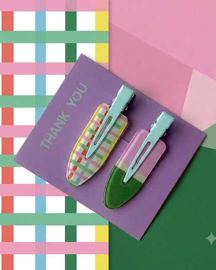 Pastel Print Snap Hair Clips Set of 2 | Plaid & Color-Block No-Crease Hair Pins for Women (VT-81)