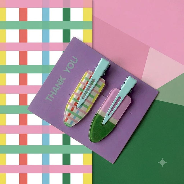 Pastel Print Snap Hair Clips Set of 2 | Plaid & Color-Block No-Crease Hair Pins for Women (VT-81)