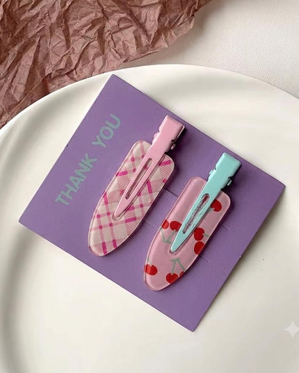 Pink Plaid & Cherry Print Snap Hair Clips Set of 2 | No-Crease Hair Pins for Women & Girls (VT-82)
