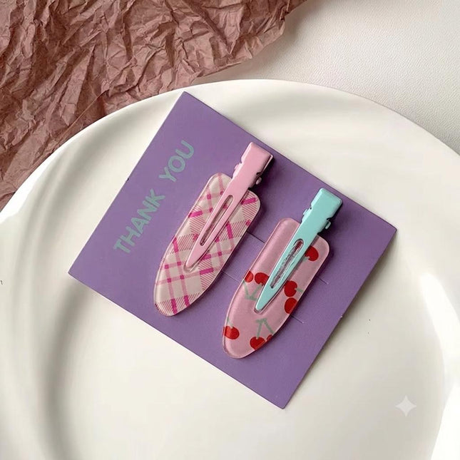 Pink Plaid & Cherry Print Snap Hair Clips Set of 2 | No-Crease Hair Pins for Women & Girls (VT-82)