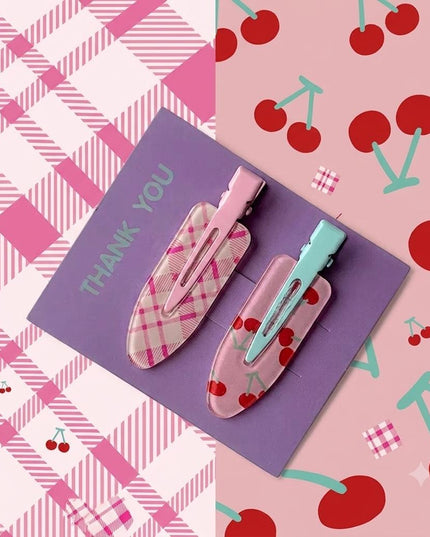 Pink Plaid & Cherry Print Snap Hair Clips Set of 2 | No-Crease Hair Pins for Women & Girls (VT-82)