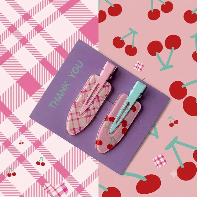 Pink Plaid & Cherry Print Snap Hair Clips Set of 2 | No-Crease Hair Pins for Women & Girls (VT-82)