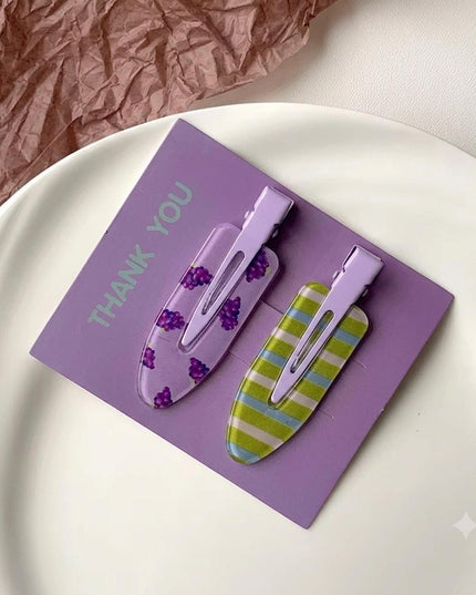 Purple Grape & Striped Print Snap Hair Clips Set of 2 | No-Crease Hair Pins for Women & Girls (VT-83)