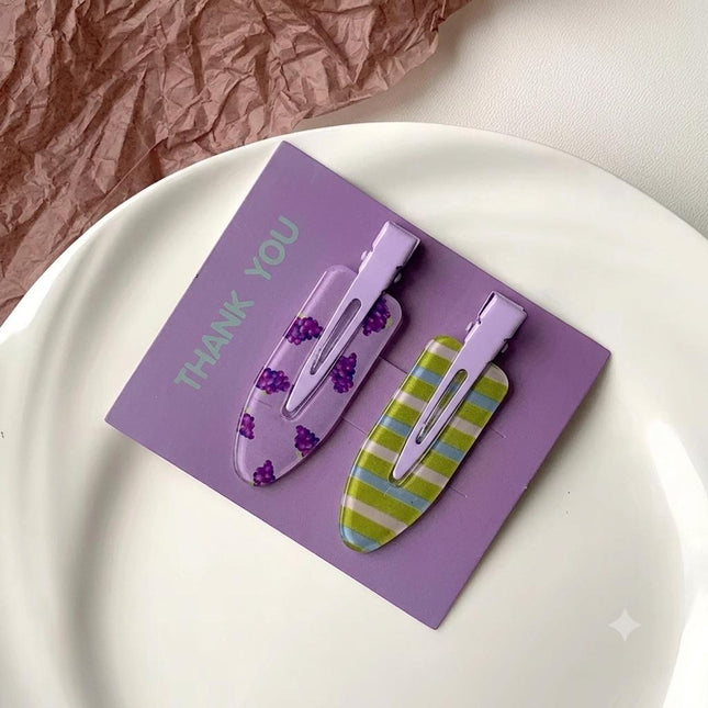 Purple Grape & Striped Print Snap Hair Clips Set of 2 | No-Crease Hair Pins for Women & Girls (VT-83)