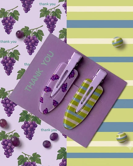Purple Grape & Striped Print Snap Hair Clips Set of 2 | No-Crease Hair Pins for Women & Girls (VT-83)