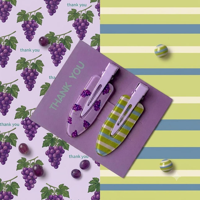 Purple Grape & Striped Print Snap Hair Clips Set of 2 | No-Crease Hair Pins for Women & Girls (VT-83)