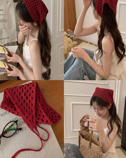 Red Crochet Hair Bandana for Women | Knit Hollow Head Scarf Hair Wrap (VT-88)