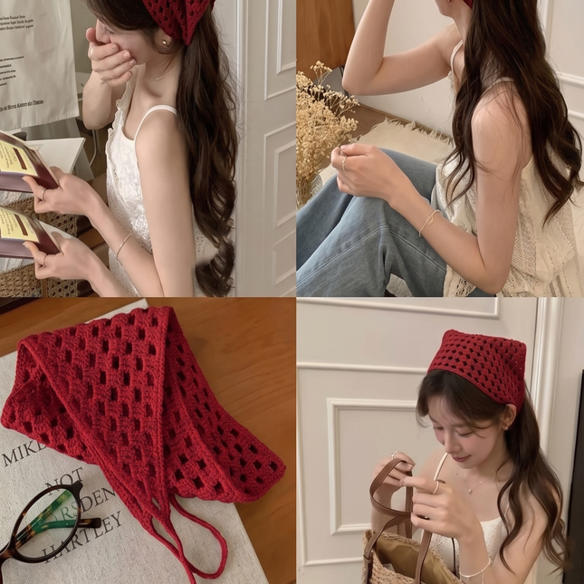 Red Crochet Hair Bandana for Women | Knit Hollow Head Scarf Hair Wrap (VT-88)