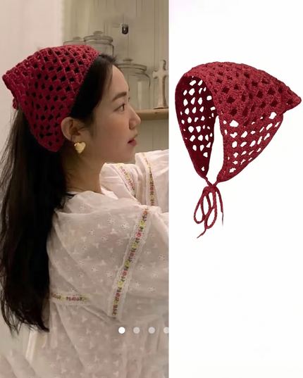 Red Crochet Hair Bandana for Women | Knit Hollow Head Scarf Hair Wrap (VT-88)