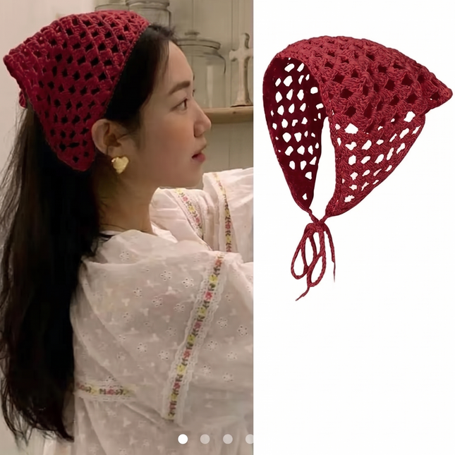 Red Crochet Hair Bandana for Women | Knit Hollow Head Scarf Hair Wrap (VT-88)