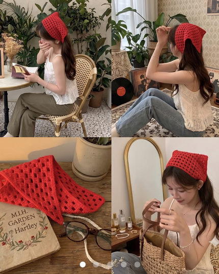 Red Crochet Hair Bandana for Women | Knit Hollow Head Scarf Hair Wrap (VT-88)