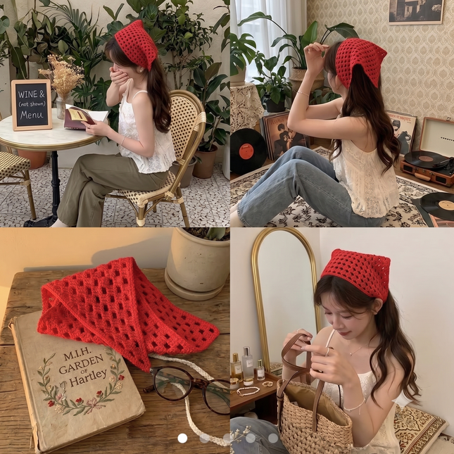 Red Crochet Hair Bandana for Women | Knit Hollow Head Scarf Hair Wrap (VT-88)