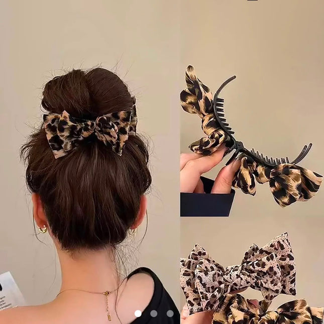 Leopard Print Bow Hair Claw Clip for Women & Girls | Stylish Hair Clutcher for Ponytail, Bun & Casual Wear (VT-90)