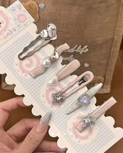 Korean Pearl & Crystal Hair Clip Set for Women & Girls | Cute Heart Star Design Hair Pins | Fashion Hair Accessories Combo Pack of 6 (VT-93)