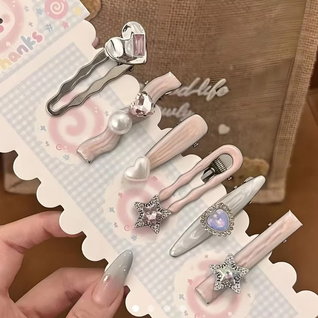 Korean Pearl & Crystal Hair Clip Set for Women & Girls | Cute Heart Star Design Hair Pins | Fashion Hair Accessories Combo Pack of 6 (VT-93)