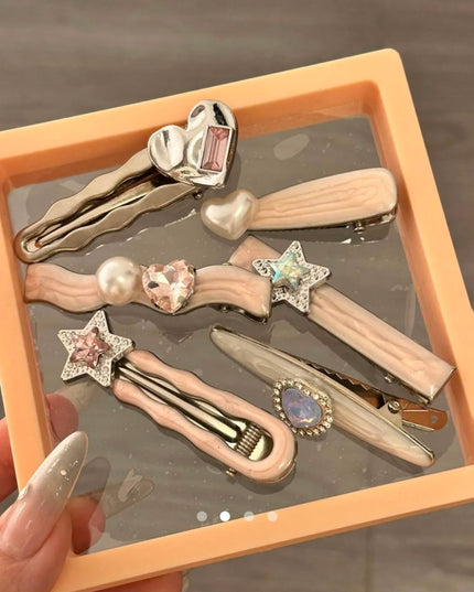 Korean Pearl & Crystal Hair Clip Set for Women & Girls | Cute Heart Star Design Hair Pins | Fashion Hair Accessories Combo Pack of 6 (VT-93)