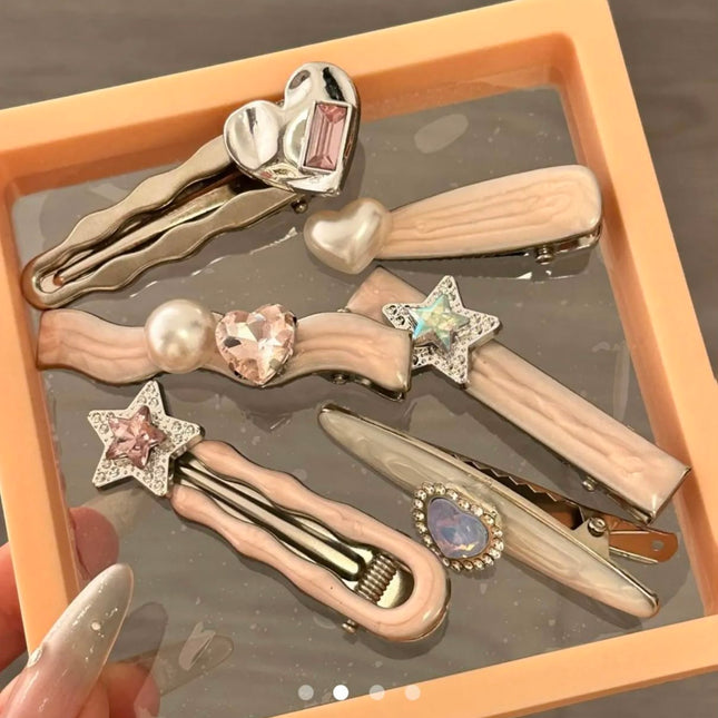 Korean Pearl & Crystal Hair Clip Set for Women & Girls | Cute Heart Star Design Hair Pins | Fashion Hair Accessories Combo Pack of 6 (VT-93)